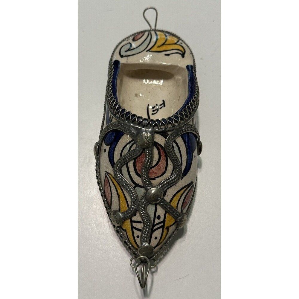 Vintage Blue Moroccan Ceramic Shoe Wall Hanging Pocket Silver Accents Signed